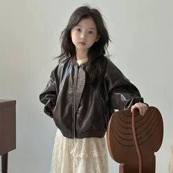 Jackets Korean Childrens Clothing Girl Leather Clothing Loose Coat Autumn New Locomotive Jacket Tops Tide 2024 Cool