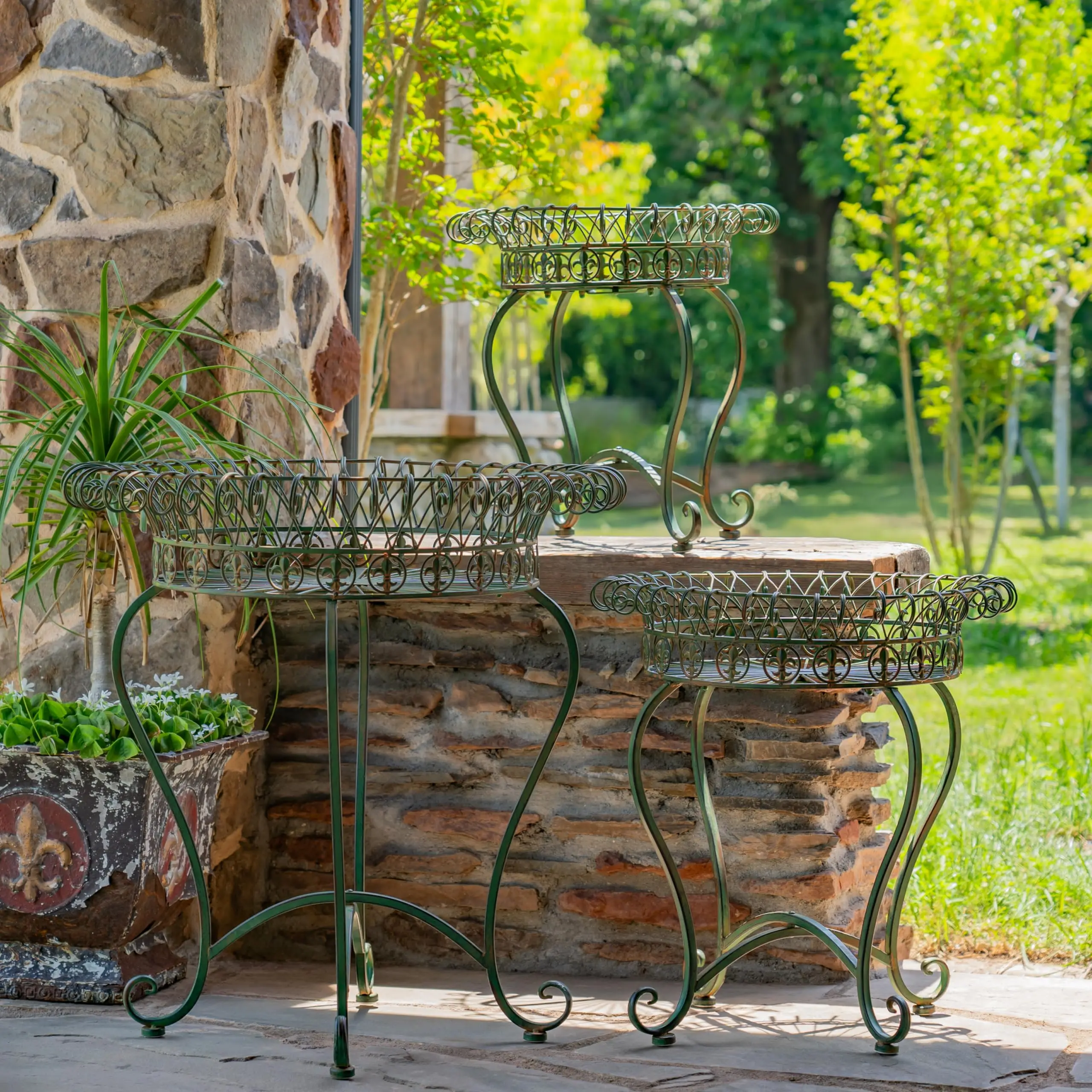 Set of 3 Round Iron Wire Basket Plant Stands 