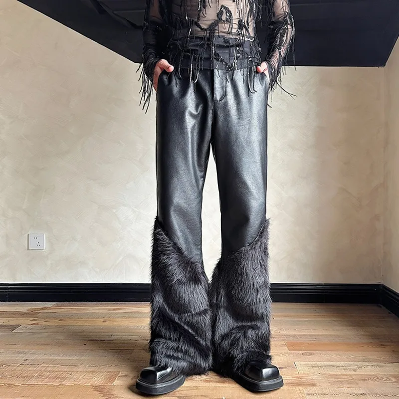 IEFB High Street Men\'s Pants Pu Leather Mink Fur Patchwork Trousers Loose Straight Wide Leg Solid Color Male Bottom New 9C7729