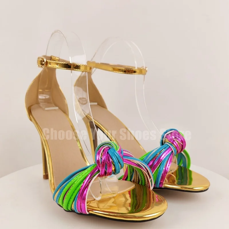 Colorful Leather Knot Design Open Toe Sandals Buckle Strap Women Shoes Thin High Heels Party Banquet 2025 Zapatos Para Mujere