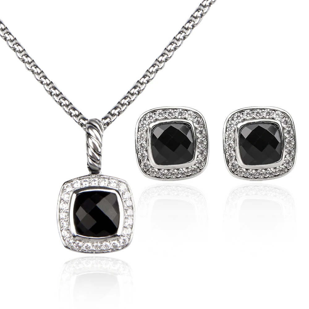 

JADE ANGEL 7mm Cushion Cut Imitation Black Onyx Pendant & Stud Earrings Set for Women Imitation Diamond Party 2Pcs Jewelry Sets