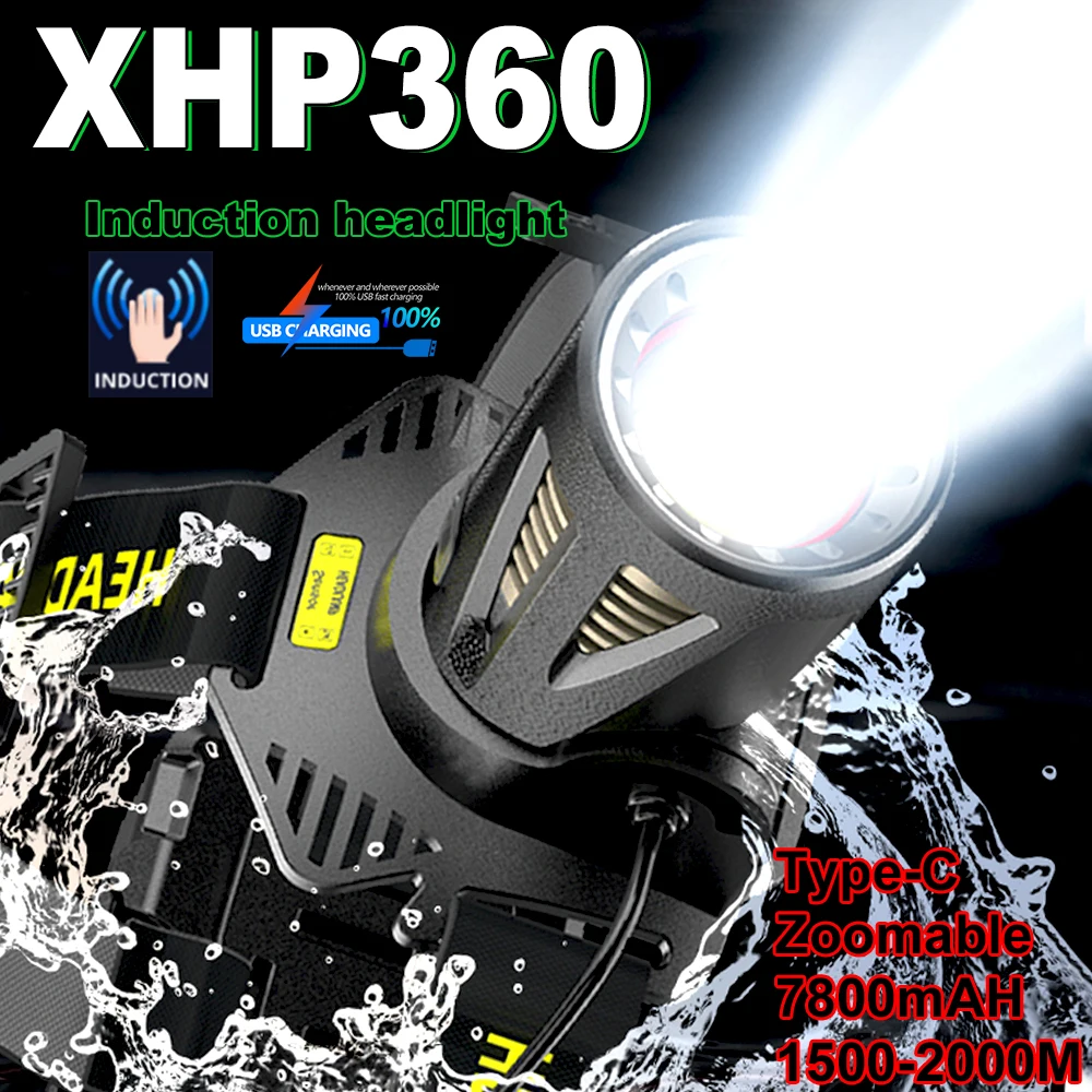 

Powerful XHP360 Led Headlamp 18650 Usb-C Rechargeable Torch Tactical Flashlight Zoomable Hunting Lantern Waterproof Hand Light