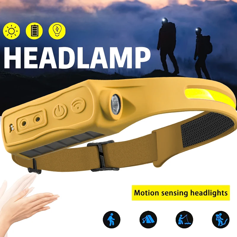 LED COB Sensor Headlamp Built-in Battery Type C Rechargeable 5 Modes Waterproof Head Torch Outdoor Camping Fishing Headlight