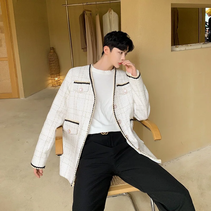 

Men's Light Luxury Weave Tweed Jacket Male 2023 New Loose V Neck Tops Single Breasted Coats Plaid Autumn Winter Clothing N21