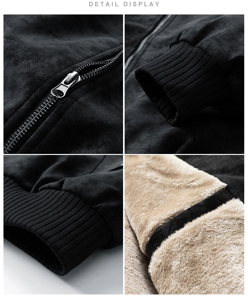 Men Casual Winter Faux Suede Bomber Jacket Stand Collar Parkas Motorcycle Coa Zip Up Warm Thickened Outerwear Fashion 28518