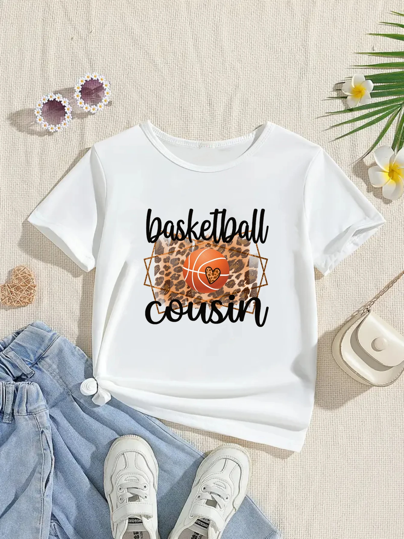 Basketball Cousin Shirt Fashion Leopard Print Basketball Pattern Print Tshirt Girls Funny Basketball Sisters Sports Tshirt Tops