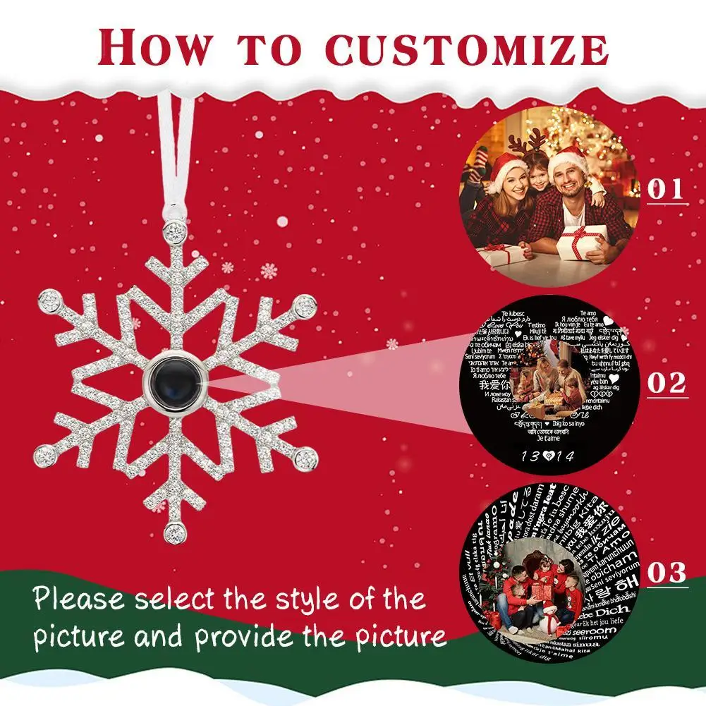 Personalized Snowflake Projection Photo Ornament Custom Picture Pendant Ribbon Christmas Gift Tree Valentine's Day Memorial Gift