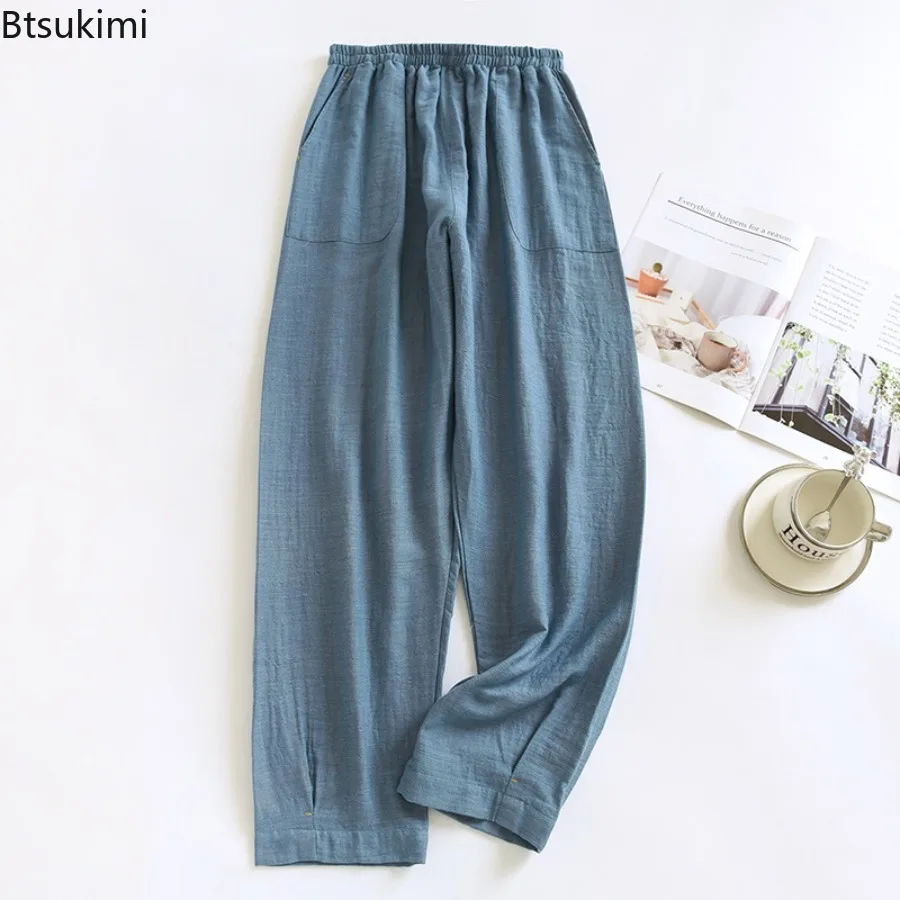 Women's Pajamas Casual Cotton Linen Wide Leg Pants Elastic Waist Loose Pants for Women Double-layer Gauze Thin Style Home Pants