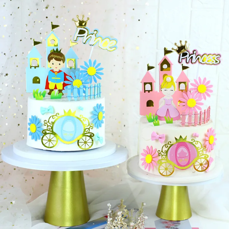 Adorno de pastel de carruaje de Castillo para niños, banderas, decoración de feliz cumpleaños, corona de boda, fiesta de Príncipe de princesa, suministros para hornear magdalenas Diy