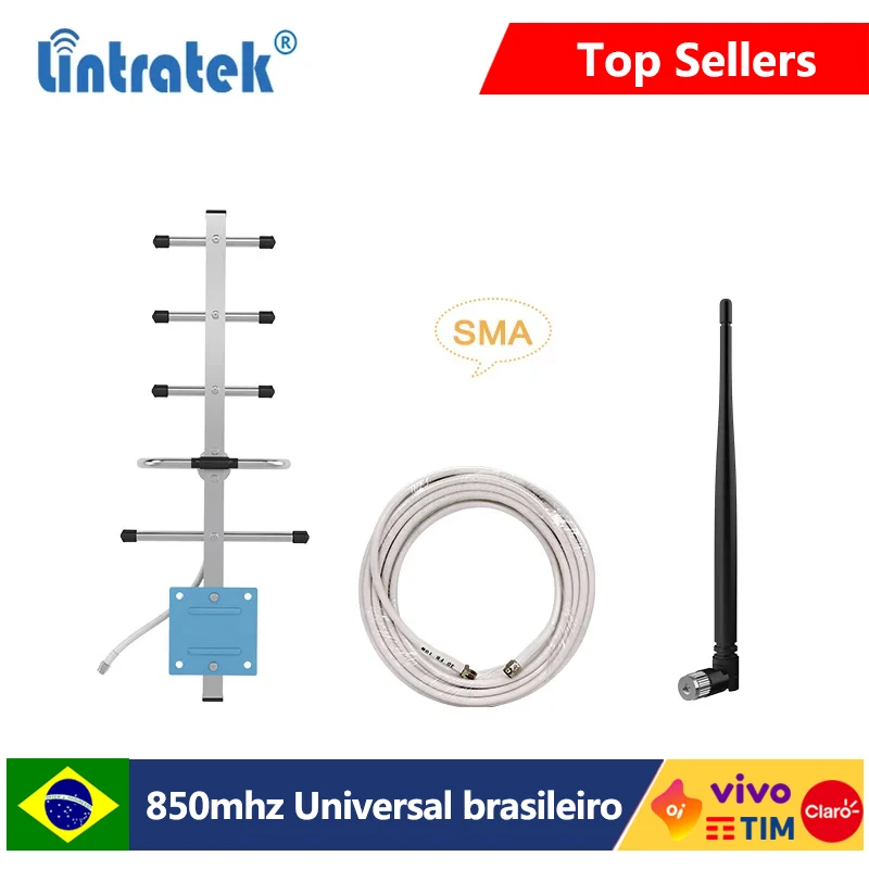 Lintratek 2G 3G 4G Antenna Set SMA Outdoor Yagi Antenna 10 Meters Cable Indoor Antenna for Brazil 850MHz Signal Repeater