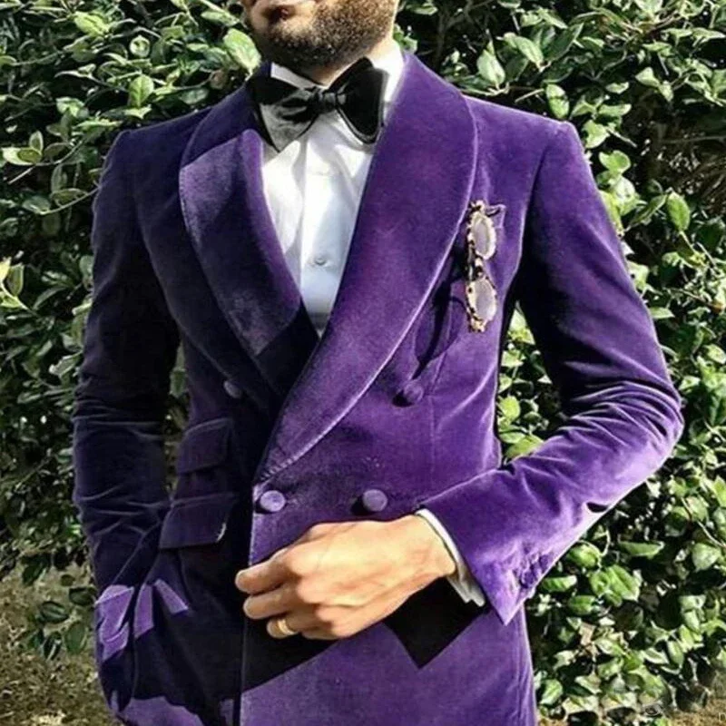 One Piece Formal Suit Jacket For Men Purple Velvet Blazer With Double Breasted Male Fashion Coat For Wedding Tuxedo