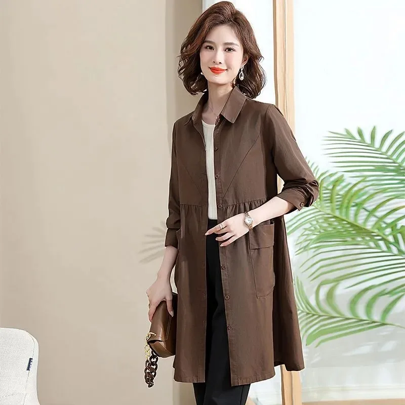 

Thin Single Layer Autumn Windbreaker Jacket Women 2025 New Medium Long Casual Loose Lapel Long Sleeve Button Splicing Cardigan