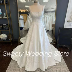 New Arrival Square Neck Sleeveless Wedding Dress Customized Applique Open Back Court Train Satin Bridal Gown for Weddings