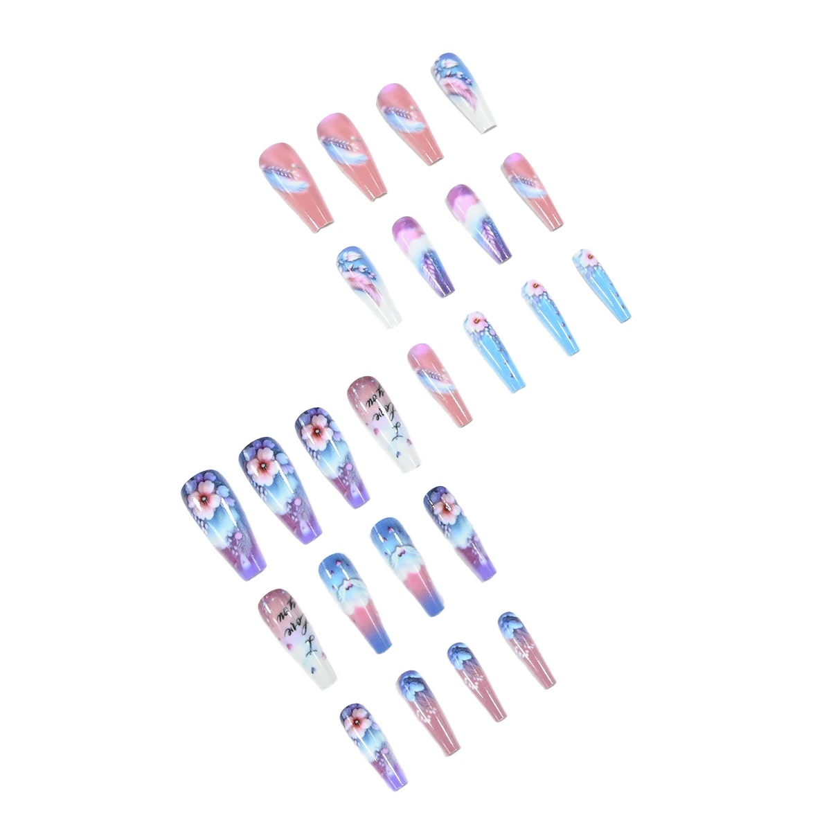 A full set of 24 long coffin-shaped ballet nails with flowers, clouds, feathers, I LOVE YOU monogram design, including 1 jelly g