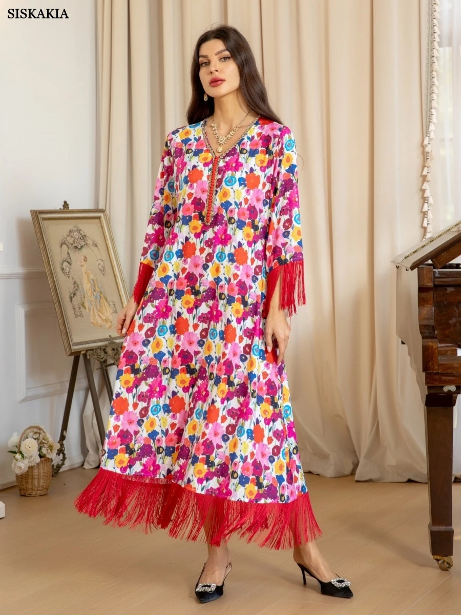 Sisakia dubaï imprimé fleuri élégant Abaya nouvelle robe à franges musulmane élégante caftan pour femmes