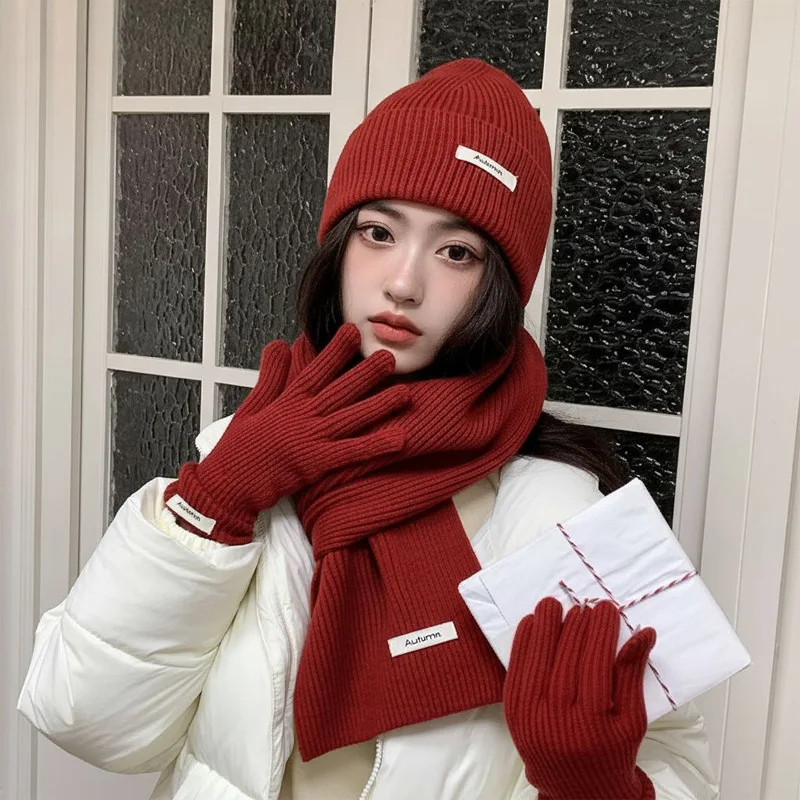 Solid Knitted Wool Hat Scarf Gloves Three-Piece Set Winter Thicken Warm Cashmere Scarf Outdoor Coldproof Hat Glove New Year Gift