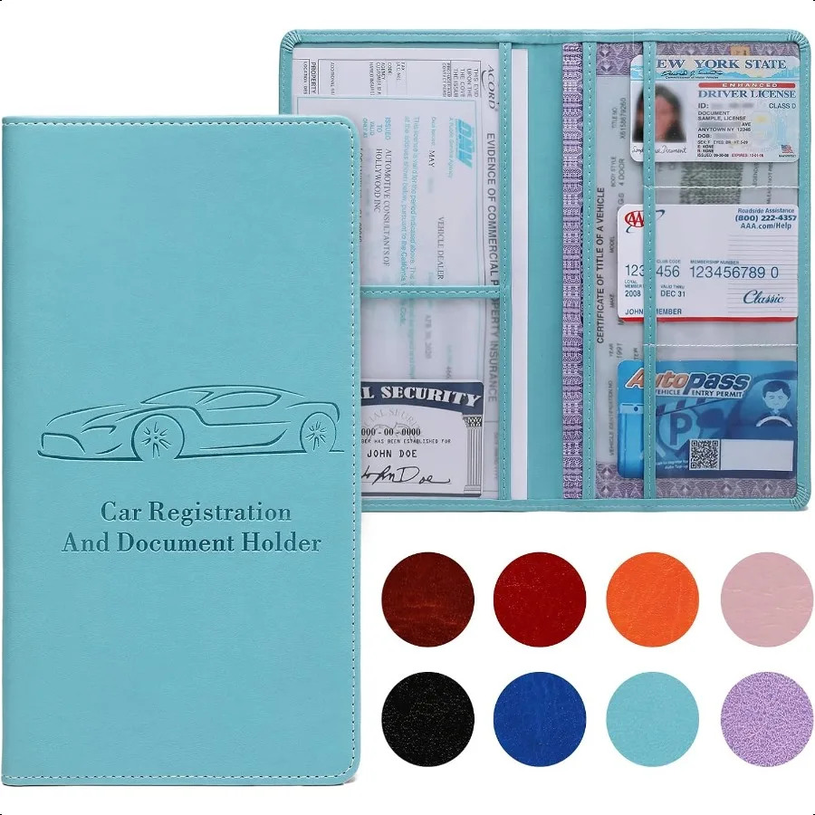 女性男性用車登録証・保険証ホルダー ブルー グローブボックス書類オーガナイザー マグネットバックル付きで簡単アクセス