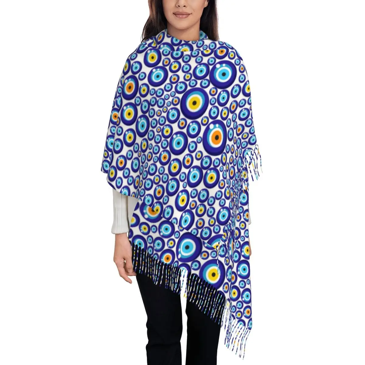 

Custom Mediterranean Turkish Amulet Evil Eye Tassel Scarf Women Winter Fall Warm Shawl Wrap Ladies Scarves