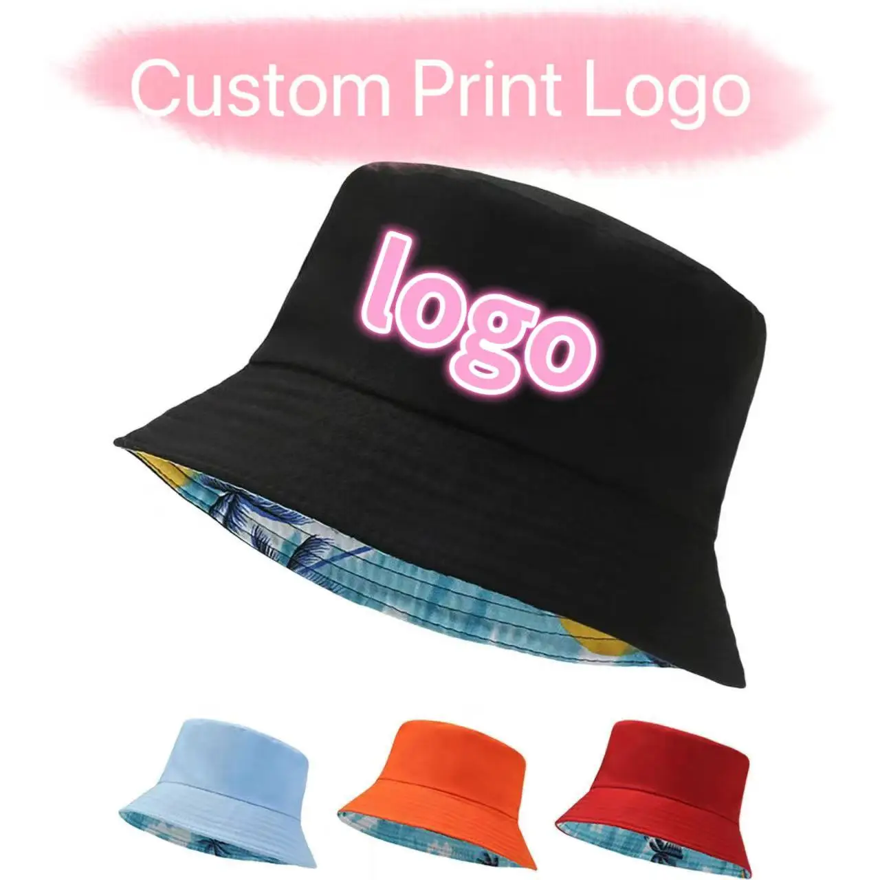 Customized Printed Logo Solid Color And Coconut Tree Double-Sided Basin Caps Men And Women Sunshade And Sunscreen Fisherman Hats