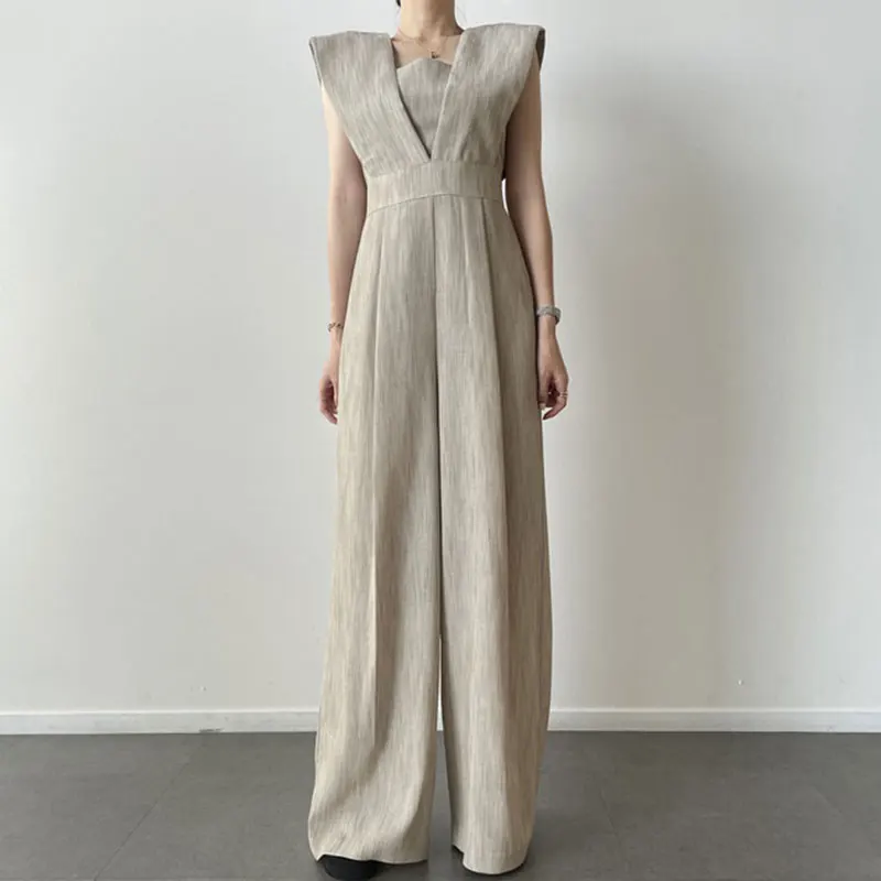 시크한 여름 빈티지 하이웨이스트 슬리밍 캐주얼 슬리브리스 와이드 레그 원피스 팬츠 여성용 스퀘어 칼라 디자인 롱 팬츠