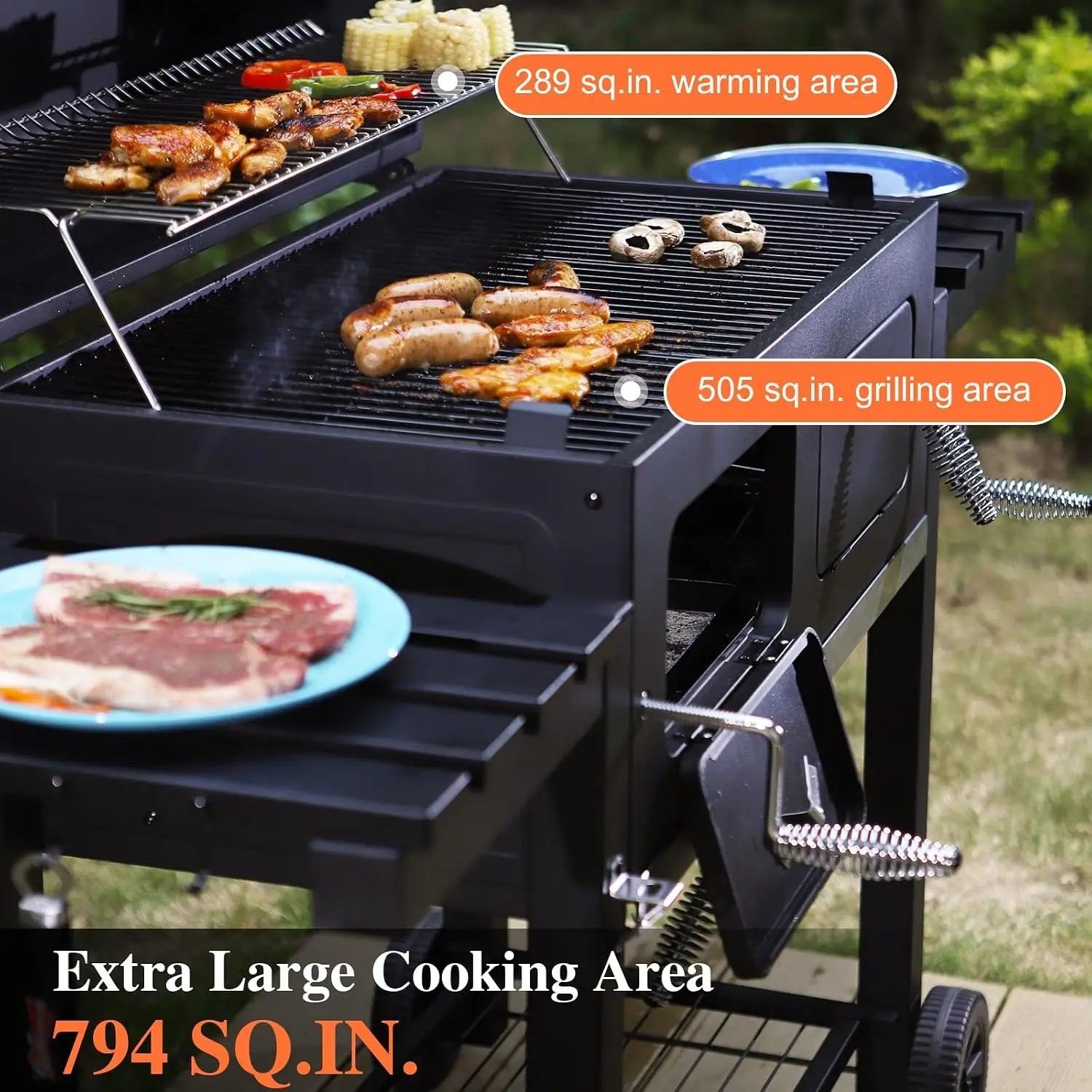 Outdoor Barbecue Grill Heavy Duty with 2 Individual Lifting Charcoal Tray and Foldable Side Table,BBQ Outdoor Cooking, Black