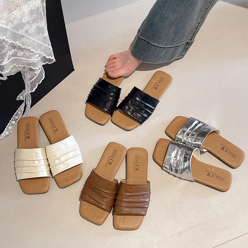 

Women's Pleated Square Toe Slide Sandals, Flat Open Toe Slippers, Casual Summer Beach Shoes, Comfortable Daily Footwear