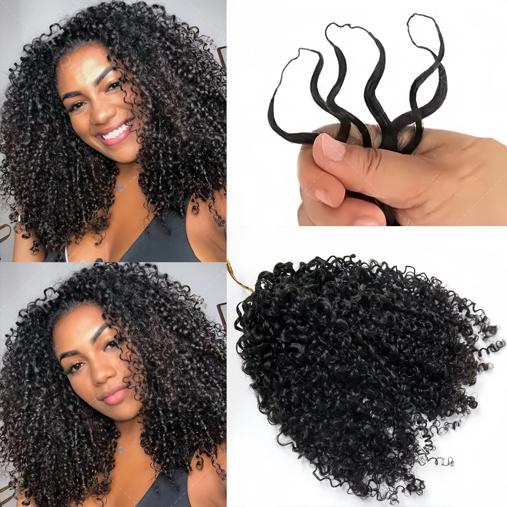 

12A многоразовые маленькие спирали вьющиеся вязанные крючком волосы предварительно заплетенные афро странные вьющиеся перья крючком настоящие человеческие волосы для плетения