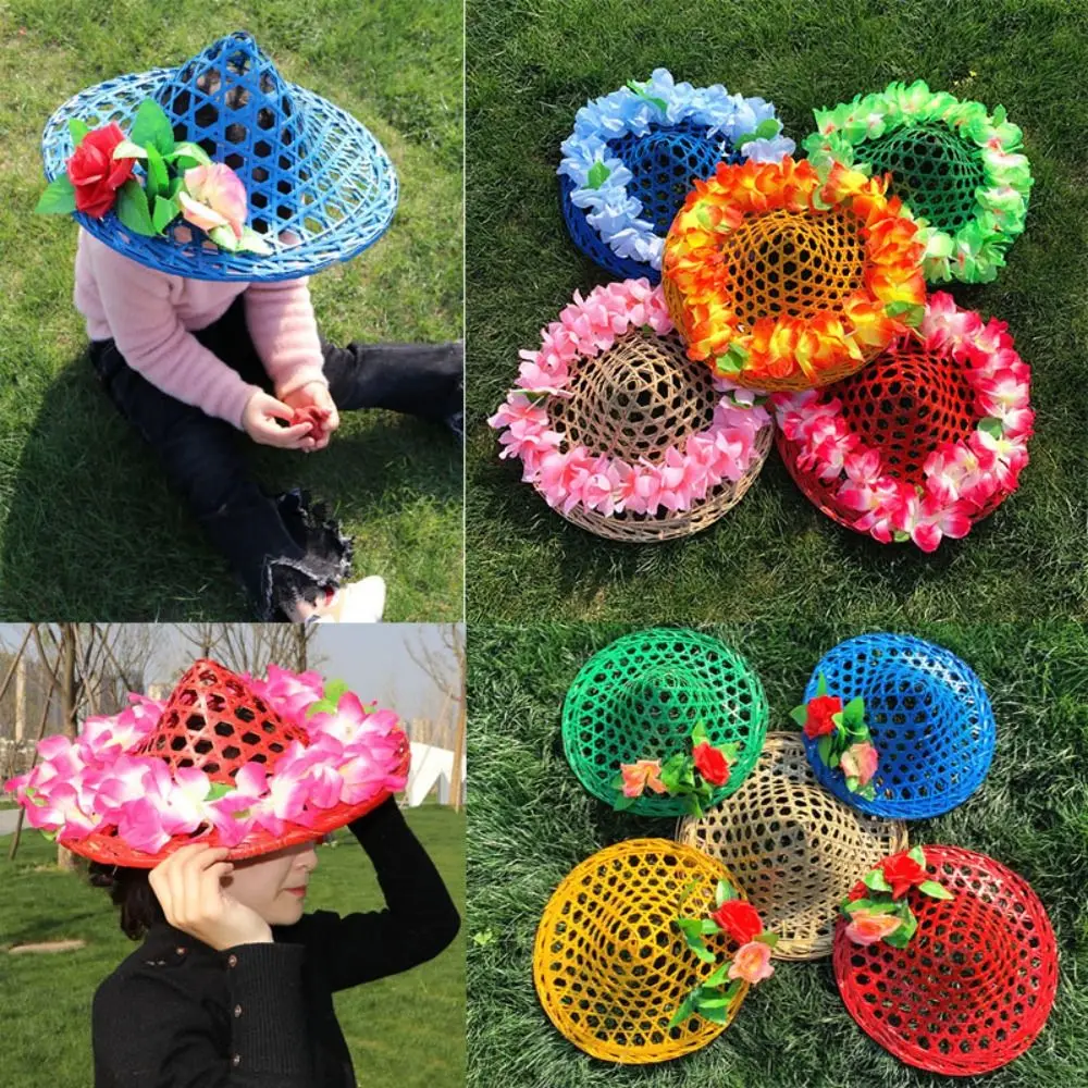 High Quality Children's Bamboo Weaving Hat Multistyles Red Flower Adult Hat Dance Performance