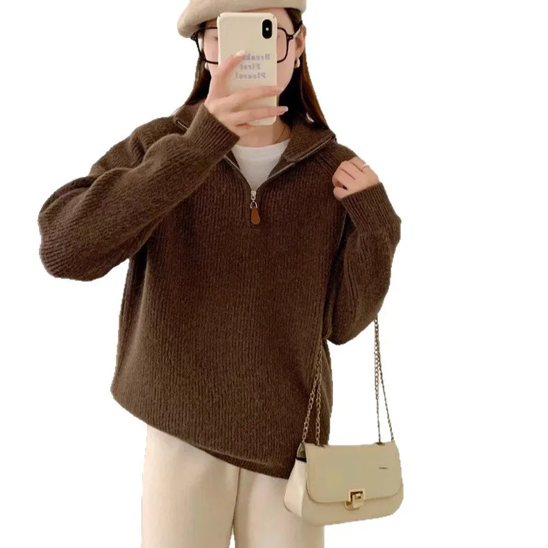 ゆったりとしたニットのアウターウェア、秋冬の新しいスタイル、女性用ハイカラーセーター、ハーフジップ、厚みのあるフリップカラー