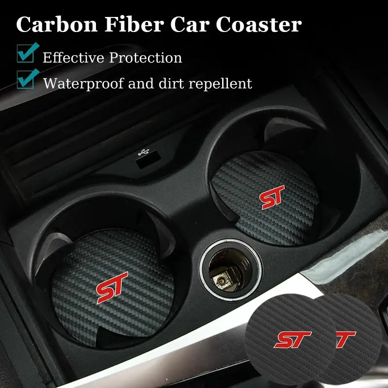 2Pcs Car Carbon Leather W ater Cup Pad Anti-noise Coaster Mat For Ford ST Focus mk2 mk3 Fiesta mk7 Ranger Mondeo mk4 S-MAX Kuga