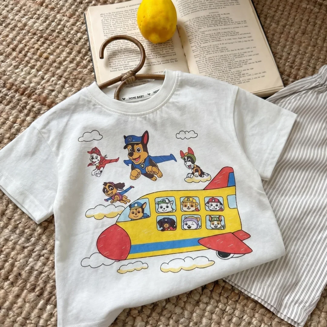 Paw Patrol Airplane Print Short Sleeved T-shirt for Boys and Girls Cartoon Dog Soft Cotton Summer Casual Top