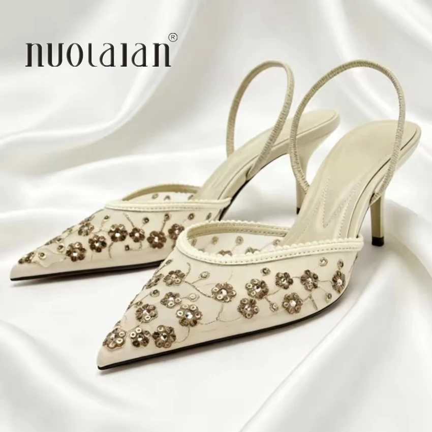 Luxuriöse Pailletten-Kristall-Detail Damenpumps Modische Mesh-Sandalen mit spitzer Zehenpartie und Stickerei Elegante Slingback High Heels