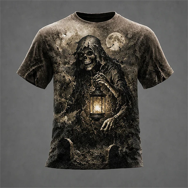 Halloween Men's Optical Illusion Horror Pumpkin T-Shirt Short-Sleeve T-Shirt 3D-Printed Crew Neck Bold Design Horror Theme