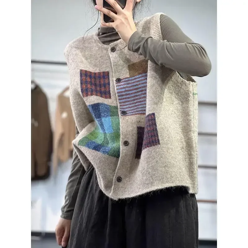 DIMANAF Plus Size Women Plaid Sleeveless Vest Sweaters Knitting Oversize Casual Loose Vintage Lady Sweater Jumpers Cardigan