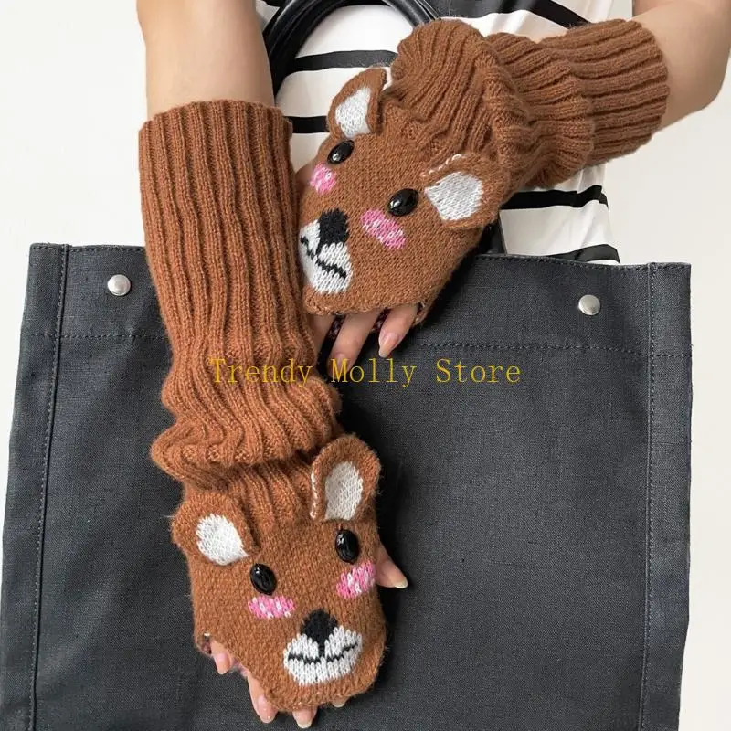 

N5KB Girl Knitted Hand Gloves Cartoon Bear Arm Sleeves Fingerless Gloves Hand Warmers