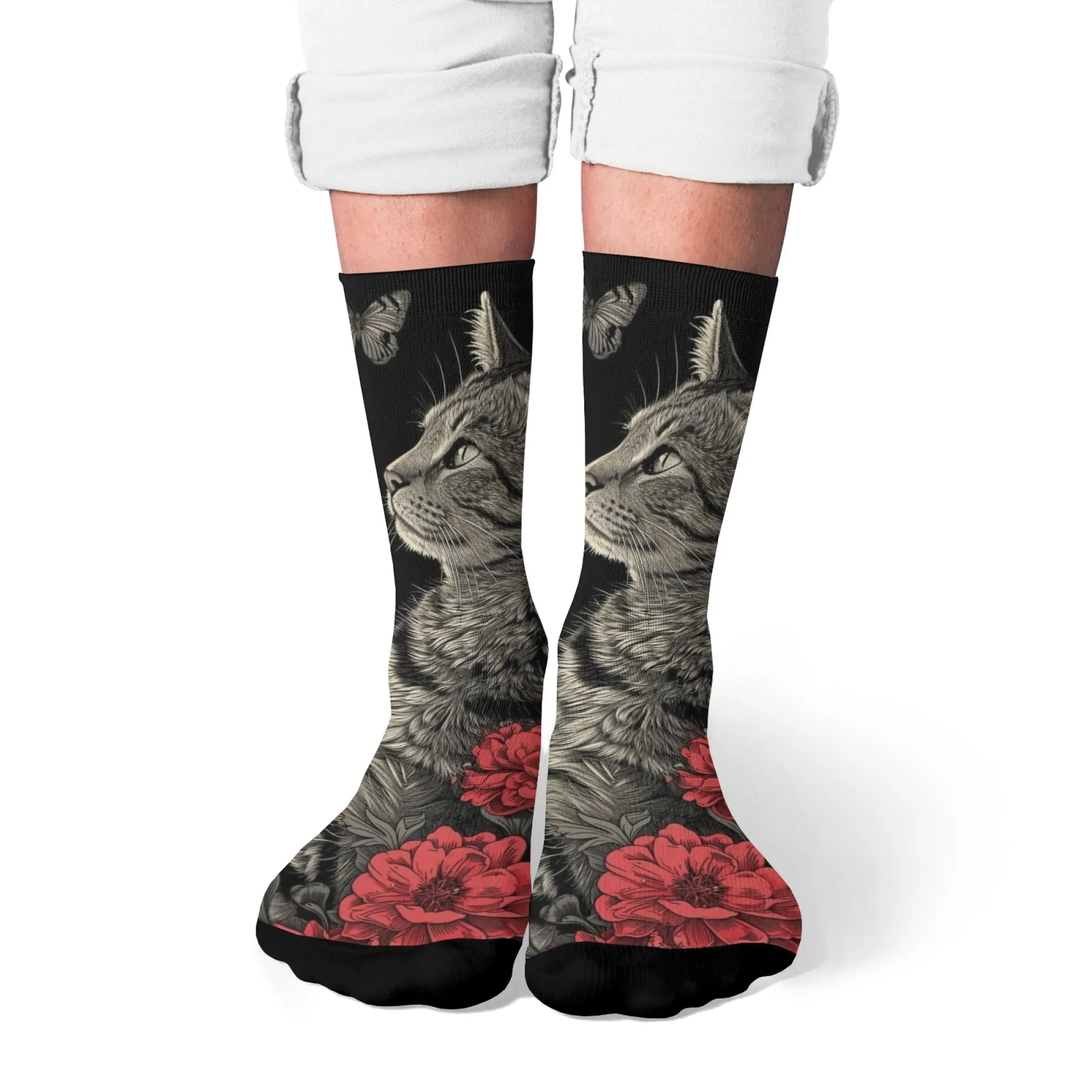 Floral Art Cat Retro Mode Herrensocken Bequeme warme Freizeitsocken Unisex Atmungsaktive rutschfeste Sport-Radsport-Laufsocken