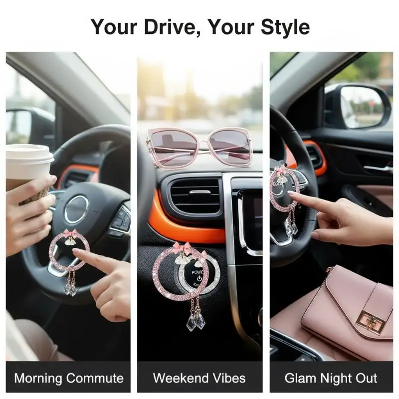 

Декоративные наклейки для автомобиля: кнопка запуска двигателя с бантом из страз и колокольчиком