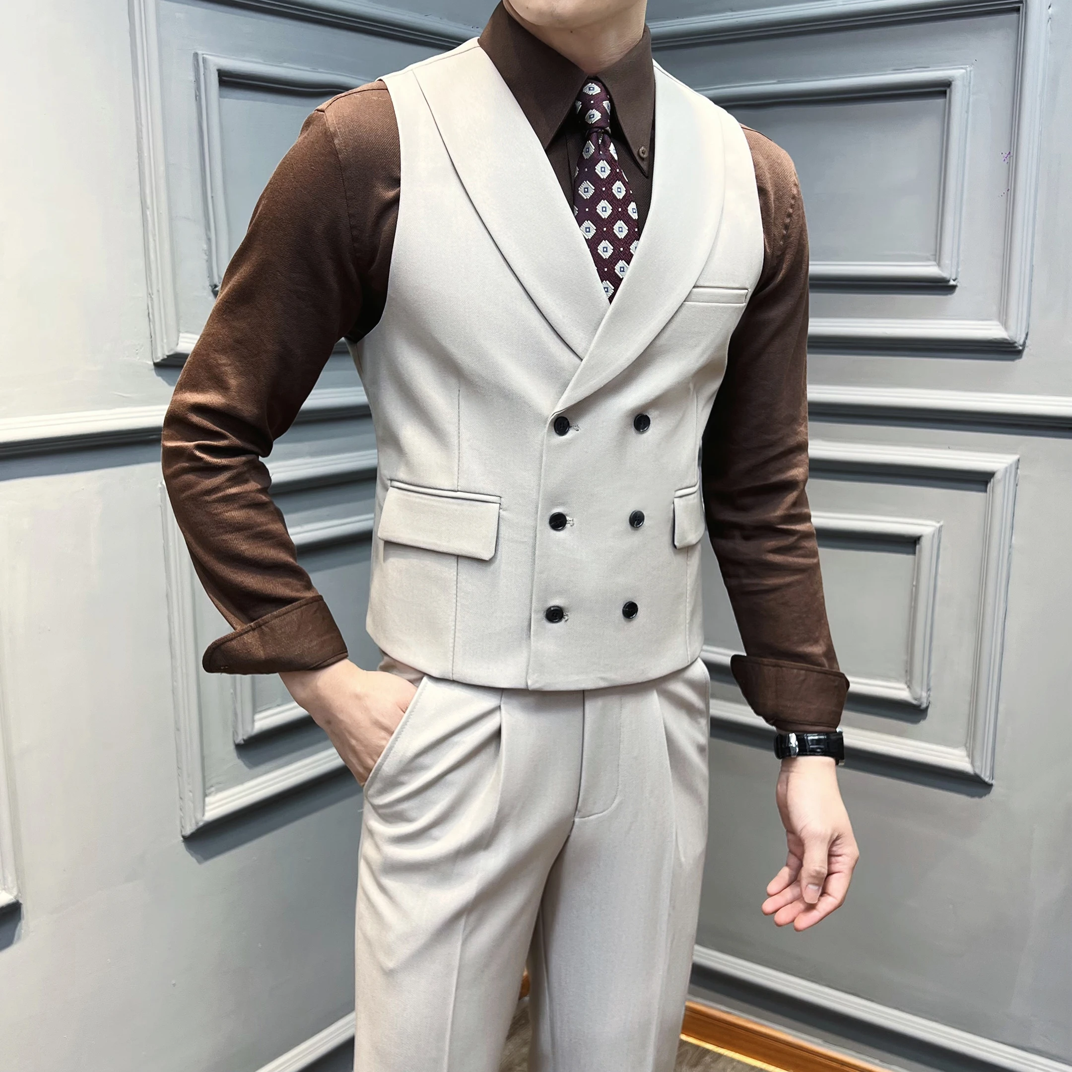 (Colete + calças) marca de alta qualidade cor sólida terno colete 2 peças masculino luxo duplo breasted design moda colete conjunto roupas do clube