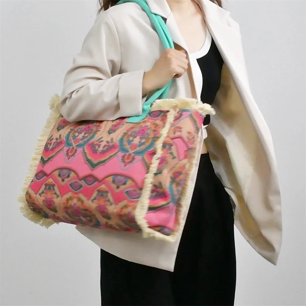 Vintage Large Capacity Shoulder Bag Fashion Luxury Print Travel Shopper Bag Women's Eco Casual Tassel Canvas Handbag Bolsas