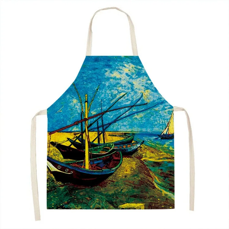 Creative Daisy Starry Sunflower Oil Painting Linen Apron Home Men\'s Cleaning Sleeveless Bib Kitchen Cooking Apron