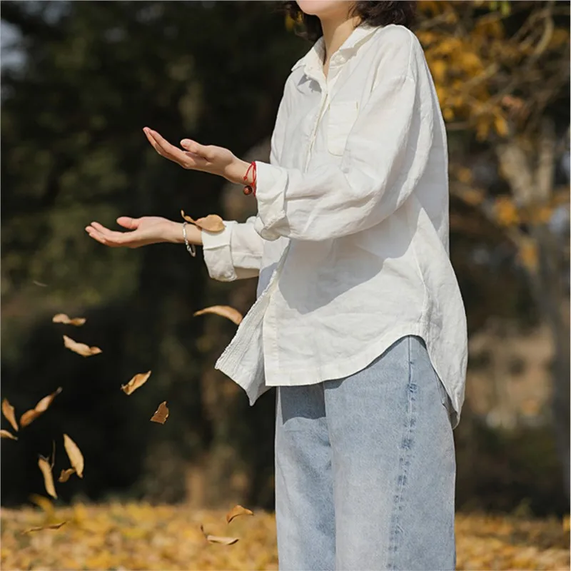 

Новая льняная рубашка Johnature с отложным воротником и спущенным плечом, свободного кроя, с длинными рукавами, однотонная, повседневная, для женщин