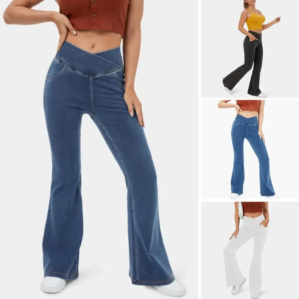 

Women Sporty Jeans Stylish Women's High Waist Denim Pants Slim Fit Flared Jeans with Cross Waistband Loose for Fashionable