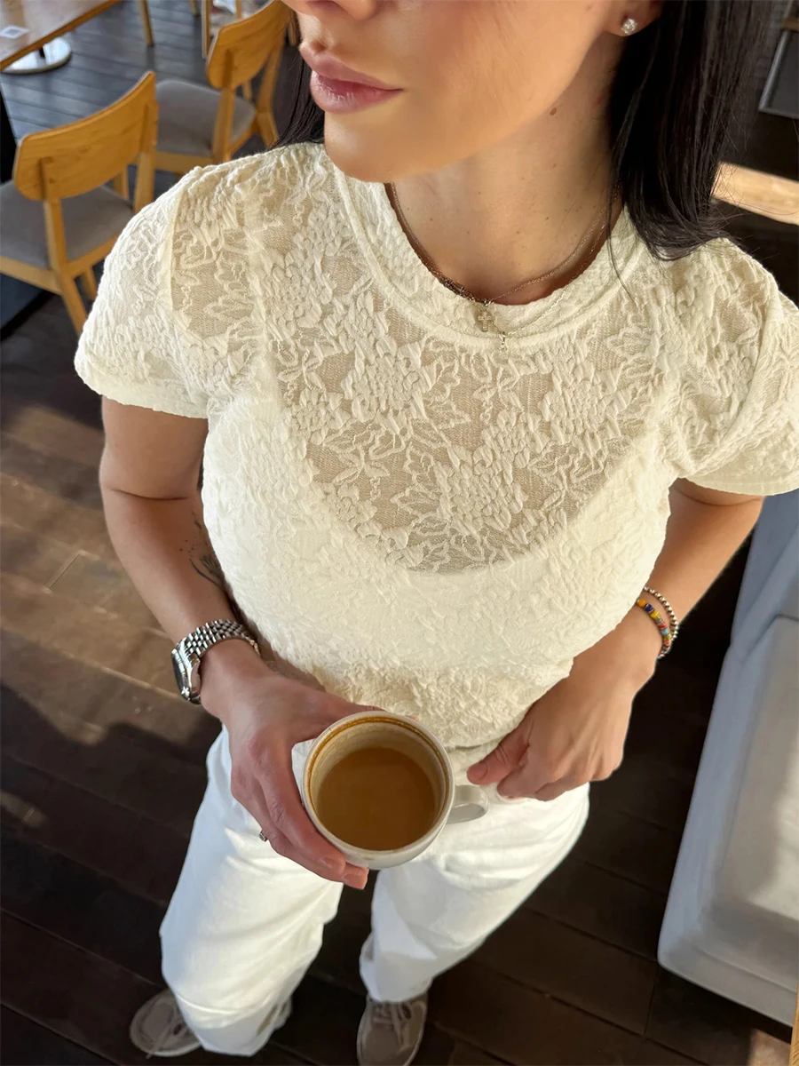 Bornladies Women's Lace Short Sleeved T-shirt Round Neck Transparent Mesh Texture Top Casual Basic Style Daily Street Wear
