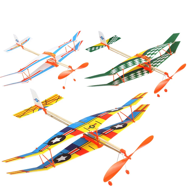 Novelty Funny Rubber Band Powered Biplane Glider Creative Rubber Band Powered Aircraft Helicopter Model DIY Assembled Toys