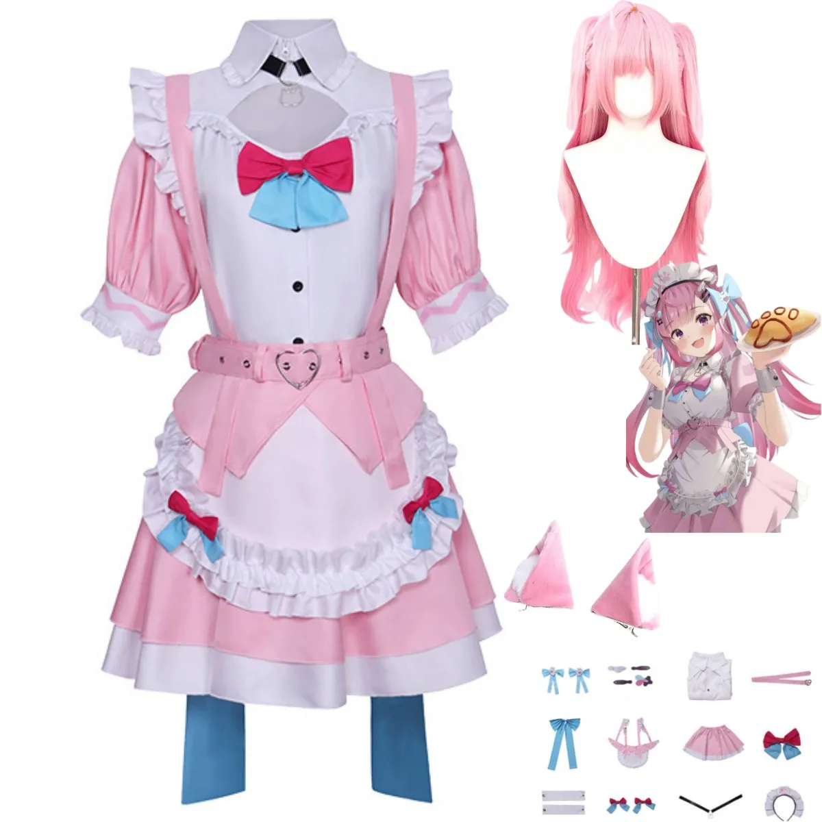 Anime Virtual YouTuber Yuuki Sakuna Cosplay Costume VTuber Pink Maid Dress Lolita Skirt Wig Woman Cute Kawaii Birthday Party Set