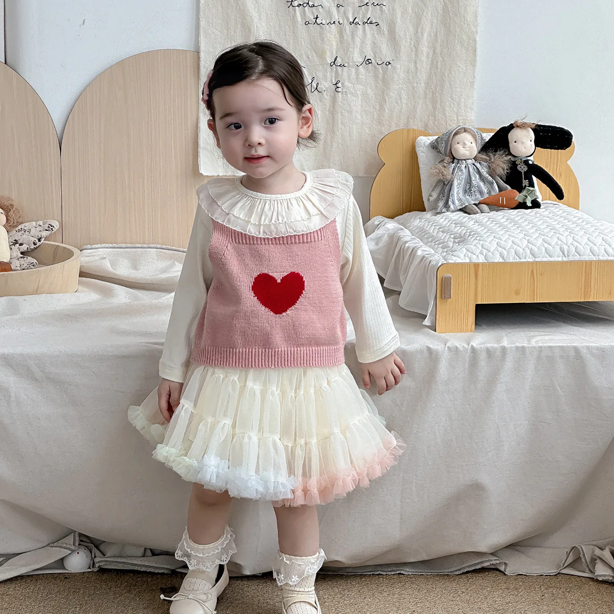 

Baby Clothes Girls Sweet 2024 Autumn Princess Fashionable Girls Sweet Solid Color Lace Shirt Knitting Vest Skirt Casual Set