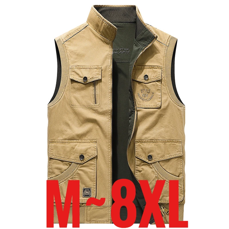 Big Size Men's Cotton Vest Double Sided Pocket Unloading Sleeveless Jacket Male Plus Large Outdoor Fishing Waistcoat Work Wear