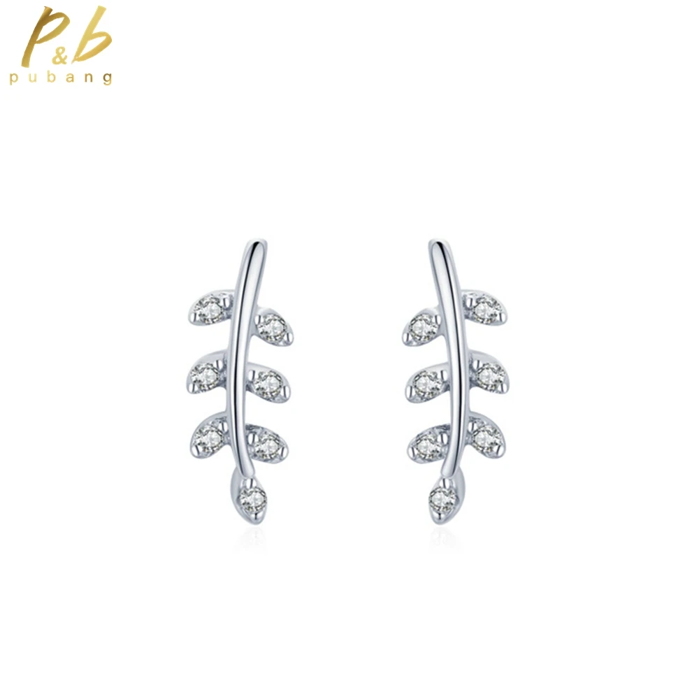 

PuBang Fine Jewelry 925 Sterling Silver High Carbon Diamond Delicate Leaves Stud Earrings for Women Engagement Gift DropShipping