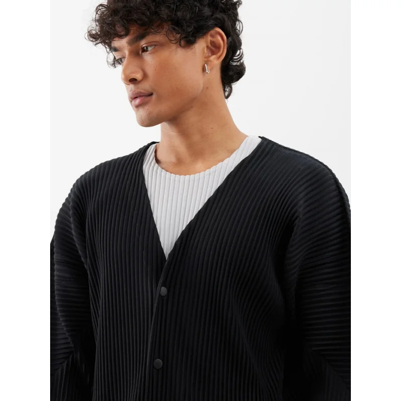 Miyake Pleated Men Jacket V Neck Cardigan Collarless Single Breasted Coat Japanese Style Casual Loose Fit Streetwear Outerwear
