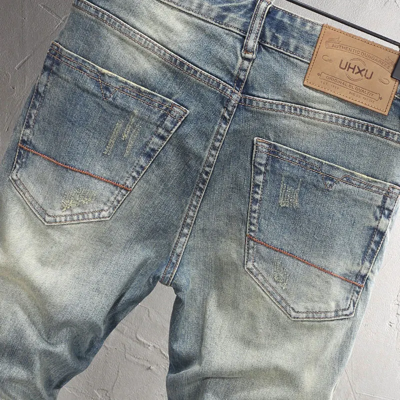Fashion Designer Men Jeans High Quality Retro Washed Blue Elastic Slim Fit Ripped Jeans Men Trousers Vintage Denim Pants Hombre
